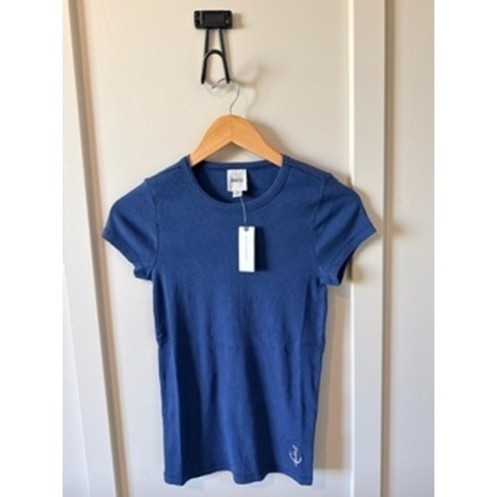 Maeve Anthropologie Blue Ribbed Anchor Embroidered Short Sleeve Tee S NEW
